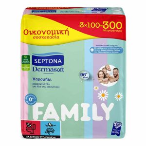 Septona Dermasoft Chamomille Family Μωρομάντηλα χωρίς Οινόπνευμα & Parabens με Χαμομήλι 3x100τμχ(