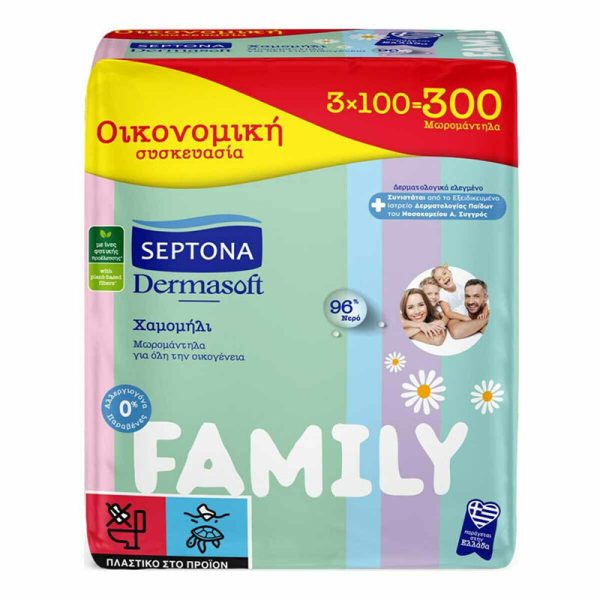 Septona Dermasoft Chamomille Family Μωρομάντηλα χωρίς Οινόπνευμα & Parabens με Χαμομήλι 3x100τμχ(