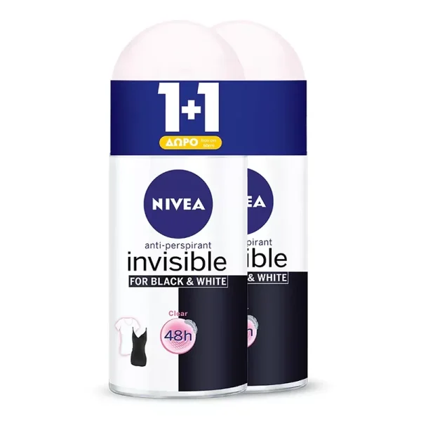 Nivea Invisible For Black & White Clear Anti-perspirant Αποσμητικό 48h σε Roll-On 2x50ml