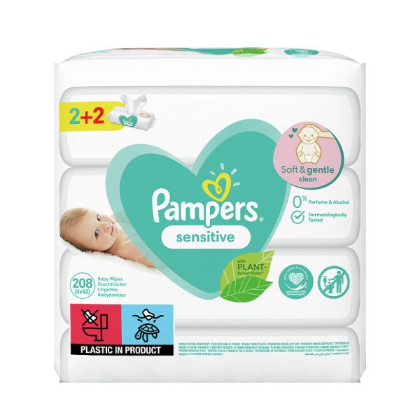 Pampers Sensitive Υποαλλεργικά Μωρομάντηλα χωρίς Οινόπνευμα & Άρωμα 4x52τμχ